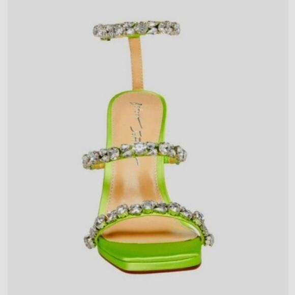 Betsey Johnson Perry Citron Neon Green Rhinestone Strappy Heels Size 8 and 8.5 - Picture 3 of 12